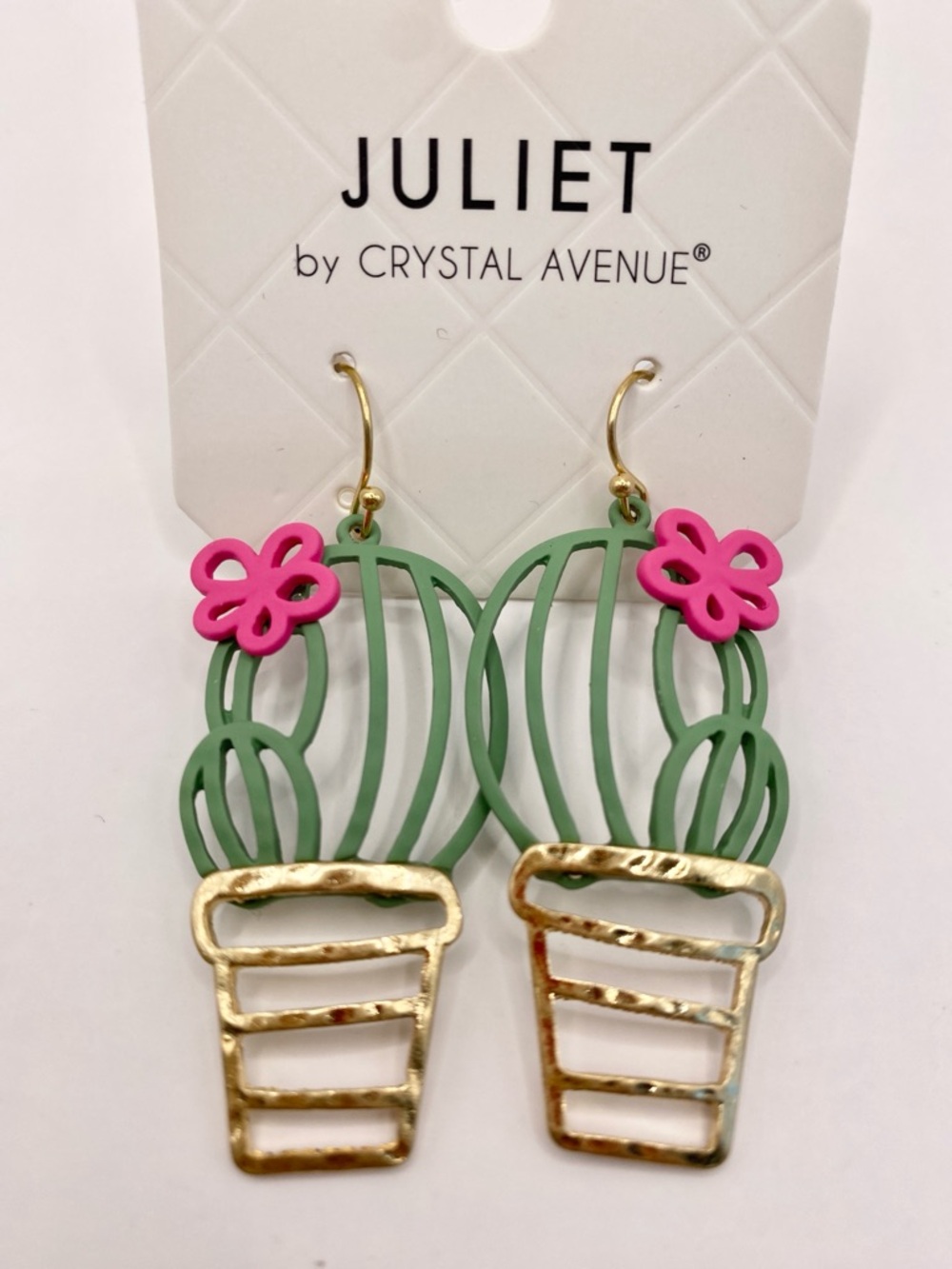 Crystal Avenue Cutout Cactus Plant In a Pot Dangle Earrings Green Pink Fish Hook